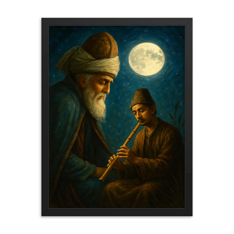 Rumi listening at moonlit reed flute framed print on a plain backdrop in size 18