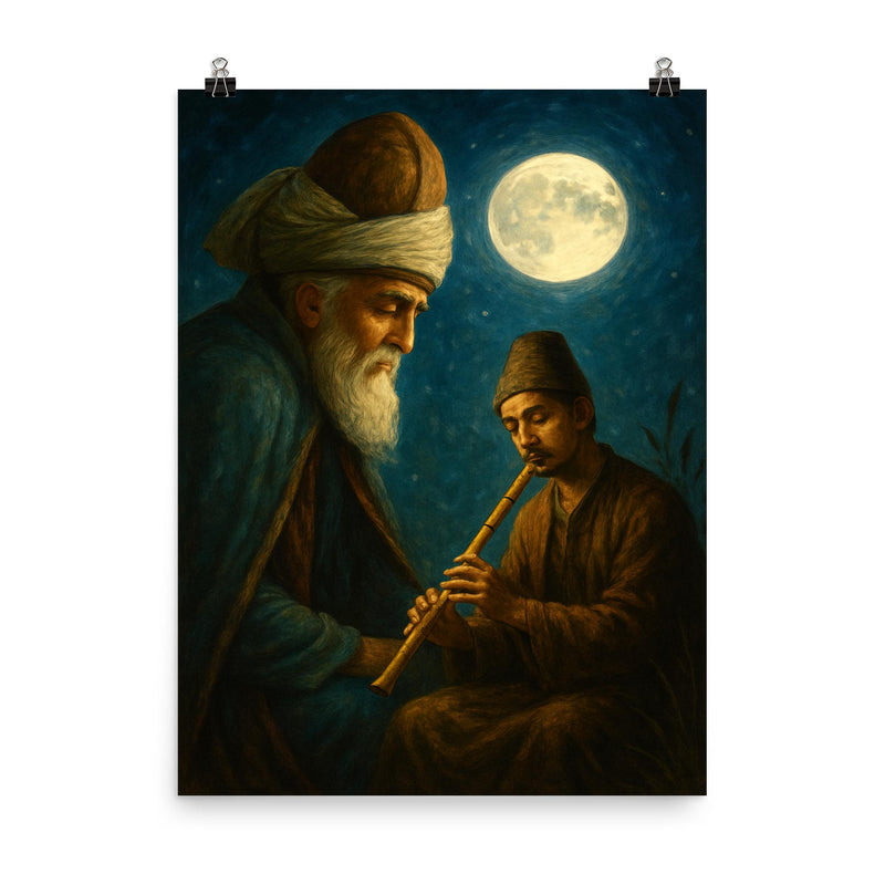 Rumi listening at moonlit reed flute poster on a plain backdrop in size 8