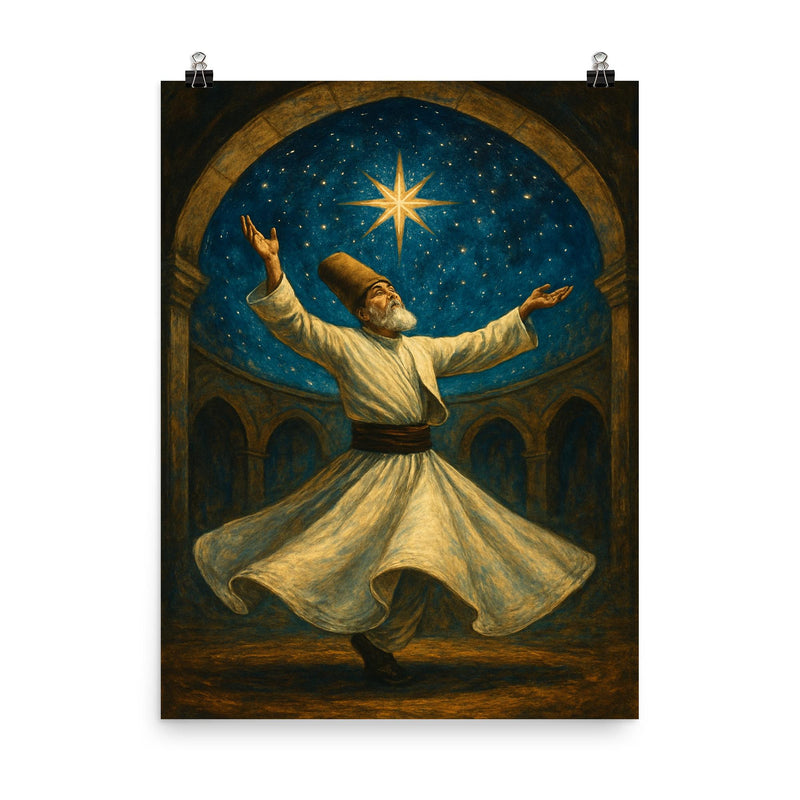 Rumi whirling beneath a star filled dome poster on a plain backdrop in size 8