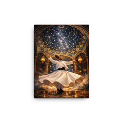 Rumi whirling beneath constellated Persian dome canvas print on a plain backdrop in size 12"x16".