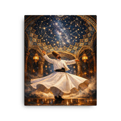 Rumi whirling beneath constellated Persian dome canvas print on a plain backdrop in size 16"x20".