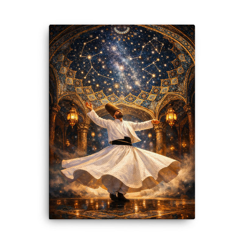 Rumi whirling beneath constellated Persian dome canvas print on a plain backdrop in size 18