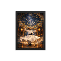 Rumi whirling beneath constellated Persian dome framed print on a plain backdrop in size 12"x16".