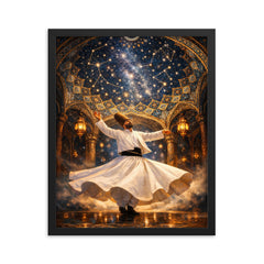 Rumi whirling beneath constellated Persian dome framed print on a plain backdrop in size 16"x20".