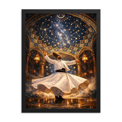 Rumi whirling beneath constellated Persian dome framed print on a plain backdrop in size 18"x24".
