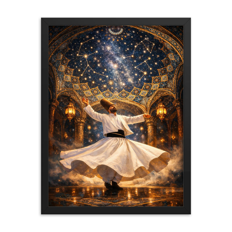 Rumi whirling beneath constellated Persian dome framed print on a plain backdrop in size 18