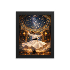 Rumi whirling beneath constellated Persian dome framed print on a plain backdrop in size 8"x10".