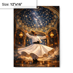 Rumi whirling beneath constellated Persian dome metal print on a plain backdrop in size 12"x16".