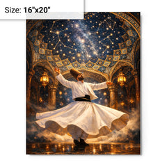 Rumi whirling beneath constellated Persian dome metal print on a plain backdrop in size 16"x20".
