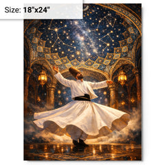 Rumi whirling beneath constellated Persian dome metal print on a plain backdrop in size 18"x24".