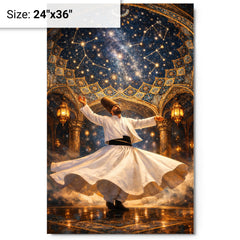 Rumi whirling beneath constellated Persian dome metal print on a plain backdrop in size 24"x36".