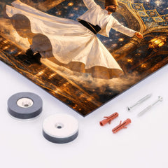 Rumi whirling beneath constellated Persian dome metal print mockup