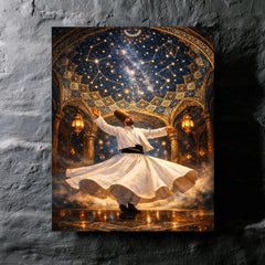Rumi whirling beneath constellated Persian dome metal print mockup