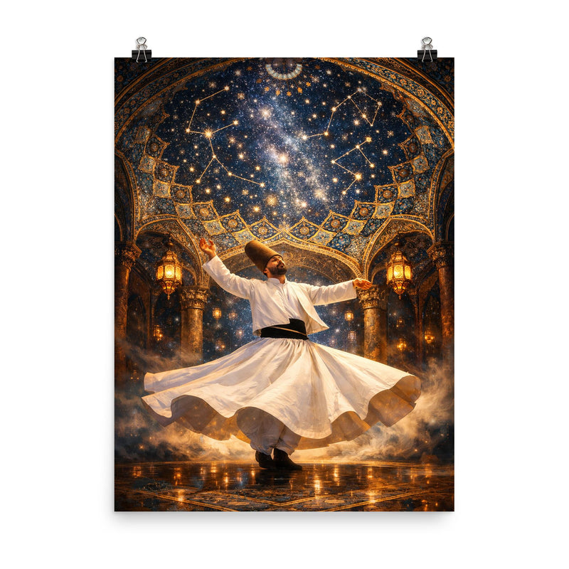 Rumi whirling beneath constellated Persian dome poster on a plain backdrop in size 8