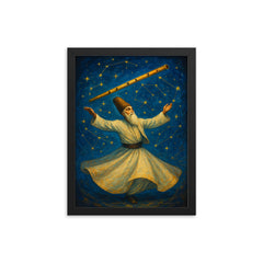 Rumi whirling beneath constellations and reed flute framed print on a plain backdrop in size 12"x16".