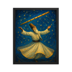 Rumi whirling beneath constellations and reed flute framed print on a plain backdrop in size 16"x20".