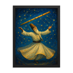 Rumi whirling beneath constellations and reed flute framed print on a plain backdrop in size 18"x24".