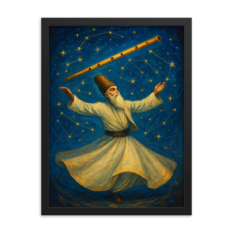 Rumi whirling beneath constellations and reed flute framed print on a plain backdrop in size 18