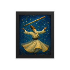 Rumi whirling beneath constellations and reed flute framed print on a plain backdrop in size 8"x10".