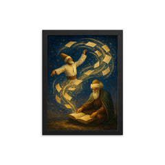 Rumi whirling manuscript constellations around seated poet framed print on a plain backdrop in size 12"x16".