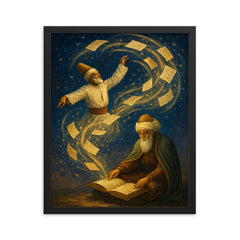 Rumi whirling manuscript constellations around seated poet framed print on a plain backdrop in size 16"x20".