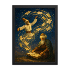 Rumi whirling manuscript constellations around seated poet framed print on a plain backdrop in size 18"x24".
