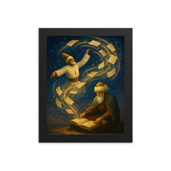 Rumi whirling manuscript constellations around seated poet framed print on a plain backdrop in size 8"x10".