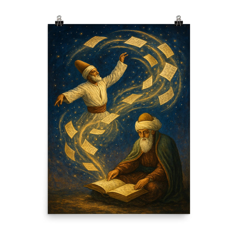 Rumi whirling manuscript constellations around seated poet poster on a plain backdrop in size 8