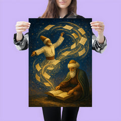 Rumi whirling manuscript constellations around seated poet poster 3