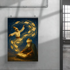 Rumi whirling manuscript constellations around seated poet poster 4