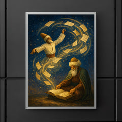 Rumi whirling manuscript constellations around seated poet poster 5