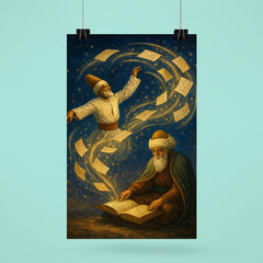 Rumi whirling manuscript constellations around seated poet poster 6