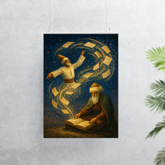 Rumi whirling manuscript constellations around seated poet poster 7