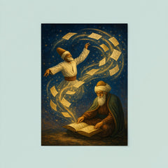 Rumi whirling manuscript constellations around seated poet poster 8