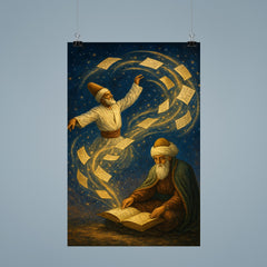 Rumi whirling manuscript constellations around seated poet poster 9