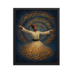 Rumi whirling within a galaxy of script framed print on a plain backdrop in size 16"x20".