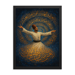 Rumi whirling within a galaxy of script framed print on a plain backdrop in size 18"x24".
