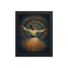 Rumi whirling within a galaxy of script framed print on a plain backdrop in size 8"x10".