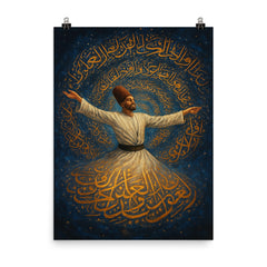 Rumi whirling within a galaxy of script poster on a plain backdrop in size 8"x10".