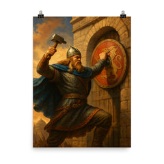 Rurikid prince Oleg nailing shield to Constantinople gate poster on a plain backdrop in size 8"x10".