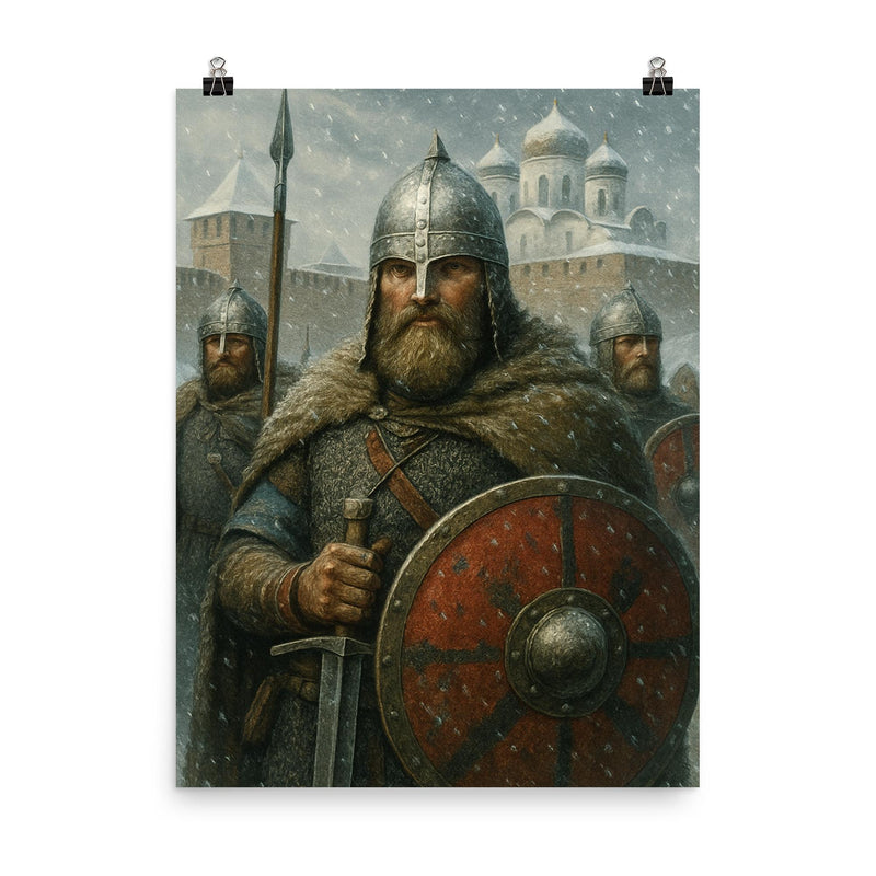 Rurikid Varangian guards in Novgorod snow poster on a plain backdrop in size 8