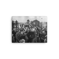 Russian Prisoners of War Lifting American Soldier After Liberation, Eselheide Germany, April 9, 1945 canvas print on a plain backdrop in size 12"x16".