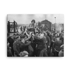 Russian Prisoners of War Lifting American Soldier After Liberation, Eselheide Germany, April 9, 1945 canvas print on a plain backdrop in size 18"x24".