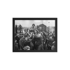 Russian Prisoners of War Lifting American Soldier After Liberation, Eselheide Germany, April 9, 1945 framed print on a plain backdrop in size 12"x16".