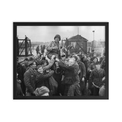 Russian Prisoners of War Lifting American Soldier After Liberation, Eselheide Germany, April 9, 1945 framed print on a plain backdrop in size 16"x20".