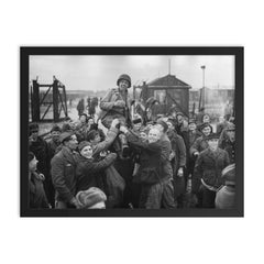 Russian Prisoners of War Lifting American Soldier After Liberation, Eselheide Germany, April 9, 1945 framed print on a plain backdrop in size 18"x24".
