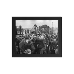 Russian Prisoners of War Lifting American Soldier After Liberation, Eselheide Germany, April 9, 1945 framed print on a plain backdrop in size 8"x10".