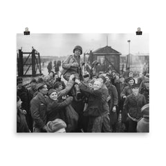 Russian Prisoners of War Lifting American Soldier After Liberation, Eselheide Germany, April 9, 1945 poster on a plain backdrop in size 8"x10".