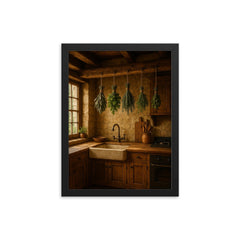 Rustic farmhouse kitchen with hanging herbs framed print mockup 12x16