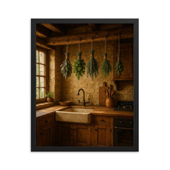 Rustic farmhouse kitchen with hanging herbs framed print mockup 16x20